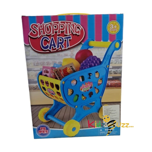 Children Shopping Trolley Cart 28 pieces Play Food Set Kids Pretend Shop Push Along Toy
