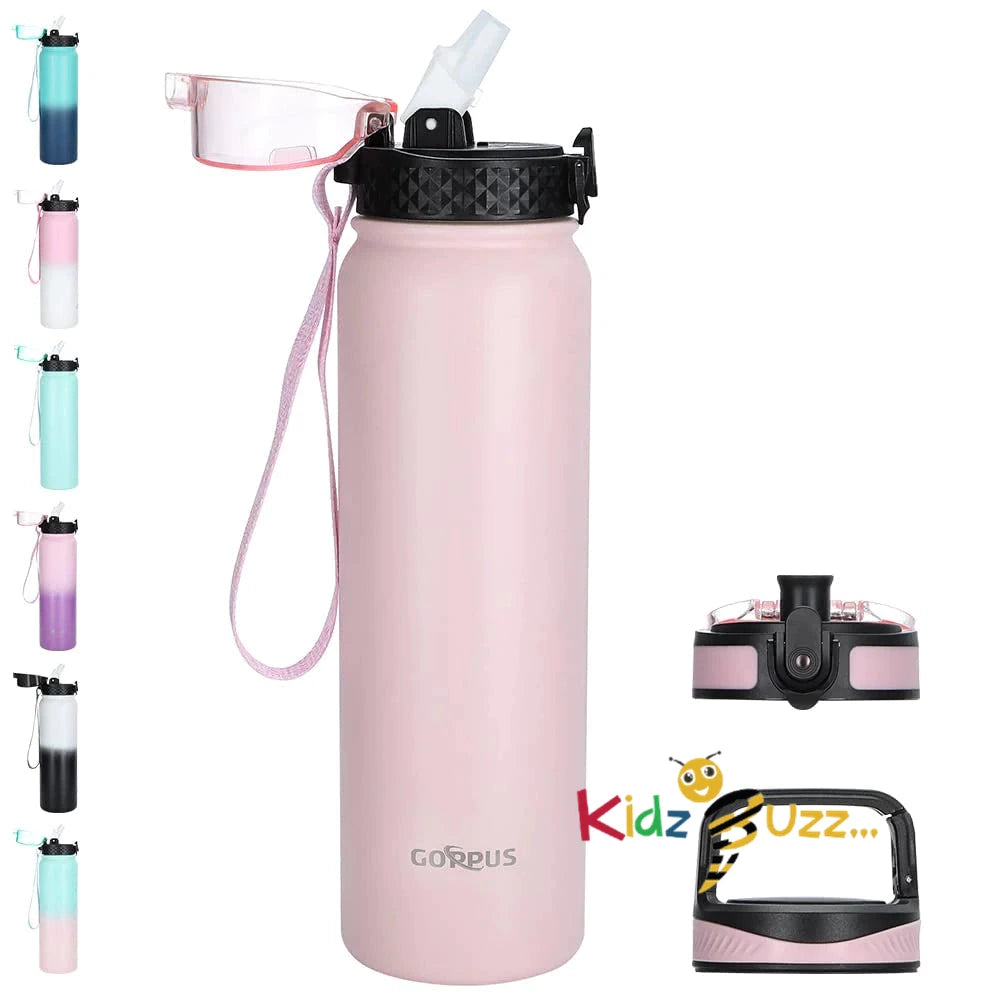 GOPPUS 1L/32oz Stainless Water Bottle with Straw 1 Litre Hot Thermal Water Flask