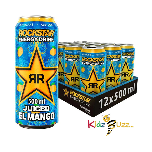 Rockstar Juiced Energy Drink - Mango - Non-Alcoholic - 160 mg Caffeine - Caffeinated Drink with Taurine, Guarana, Ginseng, & B-Vitamins - 12 x 500ml cans - kidzbuzzz