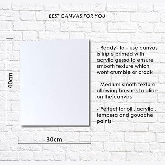 40cm x 30cm Plain White Canvas for Painting Sketching Drawing | Ideal for Oil Paints and Acrylics Plain Canvas for Painting | Canvases for Acrylic Painting | Blank Art Canvas | Art Supply - kidzbuzzz