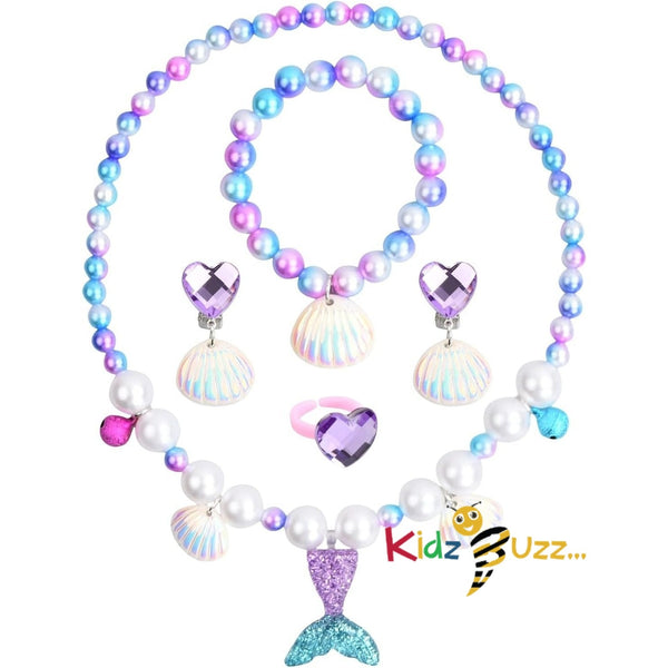 Mermaid Jewelry Set for Little Girls, Princess Mermaid Stretchy Necklace Bracelet Earrings Ring, Kids Pretend and Dress Up Jewelry