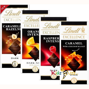 Excellence Dark Lindt Chocolates Bars Multipack - Pack of 4 x 100g Orange, Raspberry, Caramel Sea Salt & Hazelnut Bars & Topline Card. Chocolate Gift for Christmas Stocking Fillers, Birthday Gifts