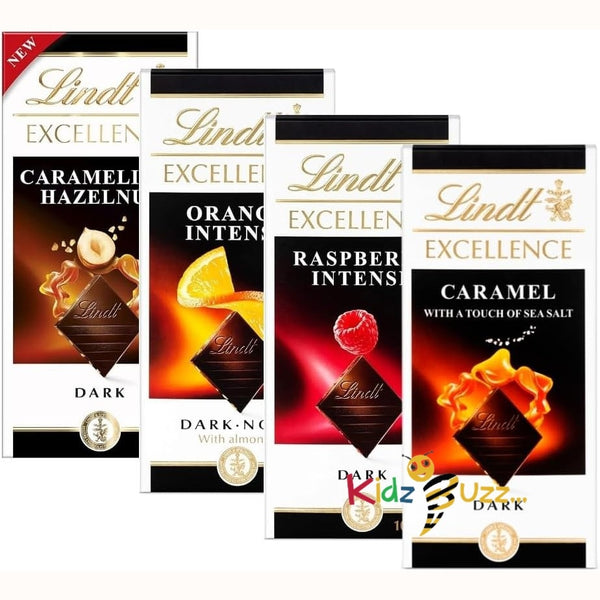 Excellence Dark Lindt Chocolates Bars Multipack - Pack of 4 x 100g Orange, Raspberry, Caramel Sea Salt & Hazelnut Bars & Topline Card. Chocolate Gift for Christmas Stocking Fillers, Birthday Gifts