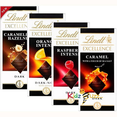 Excellence Dark Lindt Chocolates Bars Multipack - Pack of 4 x 100g Orange, Raspberry, Caramel Sea Salt & Hazelnut Bars & Topline Card. Chocolate Gift for Christmas Stocking Fillers, Birthday Gifts