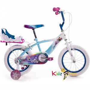 Huffy Frozen Girls Bike 14" for ages 4-6- Sky Blue & White with Enchanting Sleigh