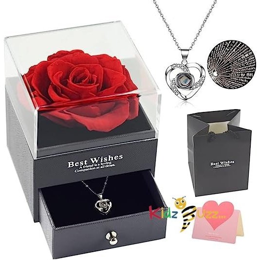 Preserved Rose with I Love You Necklace Gift Box - Enchanted Real Rose Petals Romantic Gifts for Her Girlfriend Wife Mum on Valentine's Day Mother's Day Anniversary Birthday Christmas