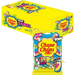 Chupa Chups Mini Sour Tubes Bag 120g - Sour Fizzy Fruit Flavoured Soft Chews (12 Bags(Full Box))