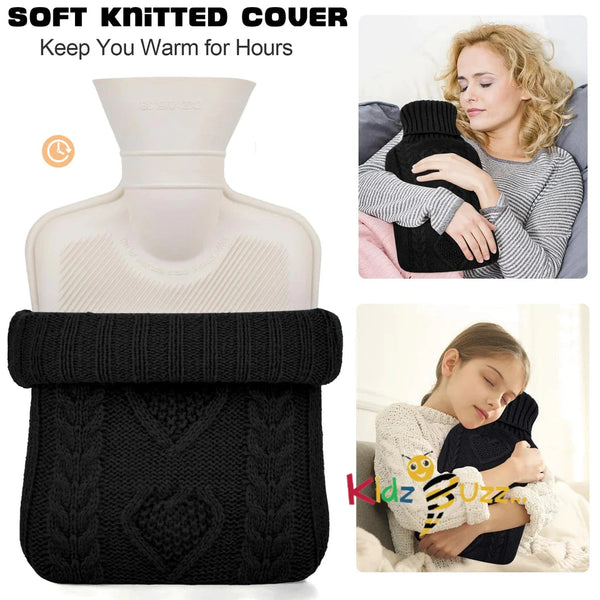 Hot Water Bottle with Cover - Premium Soft Knitted Cover - 2LLarge Capacity - Hot Water Bag for Pain Relief, Neck and Shoulders, Back & Cosy Nights - Great Gift for Women Dark Black