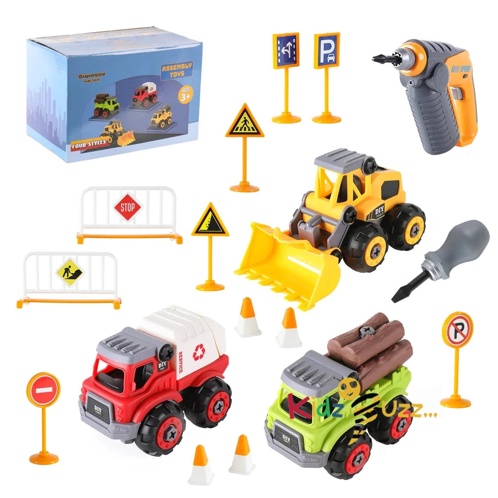Construction Toys with Electric Drill, Kids Digger Toys Set with Road Sign Roadblock