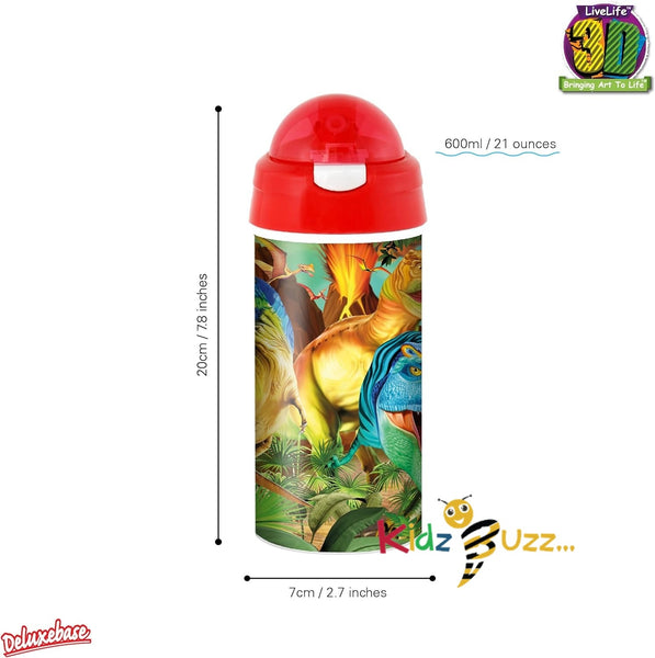 3D LiveLife Drinking Bottle - Dino Smiles,3D Lenticular Jurassic Water Bottle with Straw. 600ml Kids Drinks Bottle