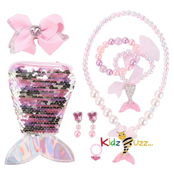 Kids Jewelry Kits New Necklace Set 7Pcs Mermaid Handbag Bracelet Ring Earrings Hair Clips Set
