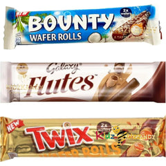 Galaxy-Bounty-Twix-Flutes – A Delicious Chocolate-Filled Wafer Sticks Mix 12 Bars Chocolate Hamper Box– Perfect Snack for Chocolate Lovers! Chocolate Hamper Valentine Day Gift