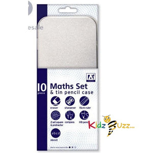 10Pcs Maths Set & Tin Pencil Case (Pack Of 2)