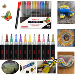 Acrylic Paint Pens Set of 12, 1 mm Tip Acrylic Paint Pens for Rock, Glass, Wood, Fabric, Ceramic and Many More – Premium Water Based and Water Proof Ink