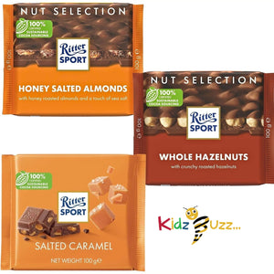 (3 Mixed Pack) Chocolate Bundle Consisting Ritter Sport Whole hazelnuts 100g, Ritter Sport Salted Caramel 100g, & Ritter Sport Honey Salted Almonds 100g