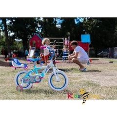 Huffy Frozen Girls Bike 14" for ages 4-6- Sky Blue & White with Enchanting Sleigh