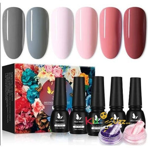Gel Nail Polish Kit, 6 Colors Nude Gray Pink Gel Nail Polish UV Gel Glitter Nail Polish with Acrylic Powder, Glossy/Matte Nail Polish Gift Set for Women