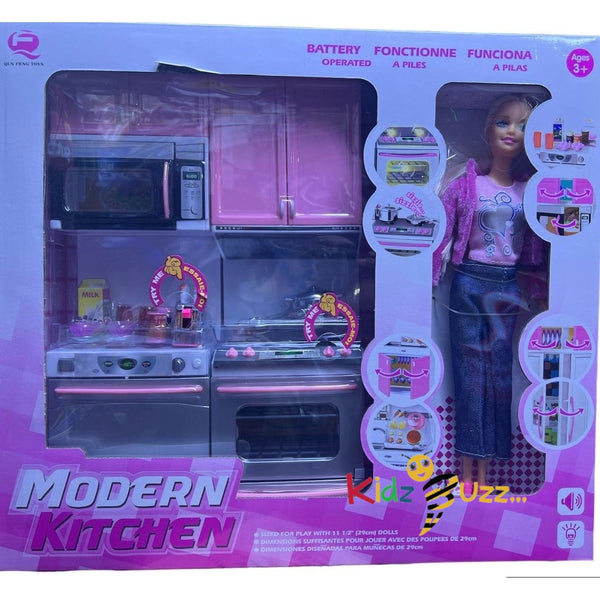 Pink Modern Kitchen Set - Lights Sounds - Kids Play Toy Set With Doll