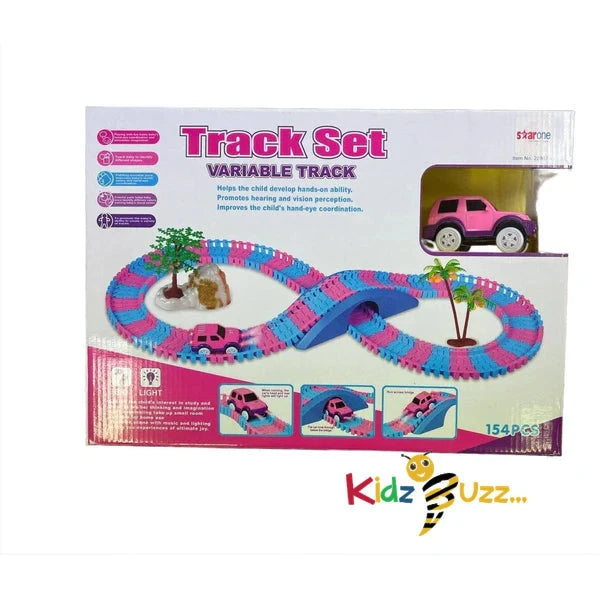 154 Pcs Pink Car Track Set With Lights Toy For Kids kidzbuzzz