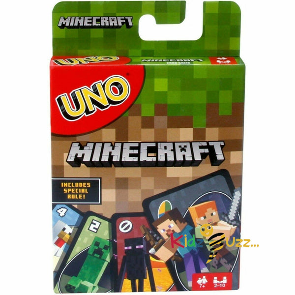 Mattel Games UNO Minecraft, Collectible Card Deck with 112 Cards, Card Game for Family Game Night, Use as Travel Game, Engaging Gift for Kids, 2 to 10 Players, Ages 7 and Up, - kidzbuzzz