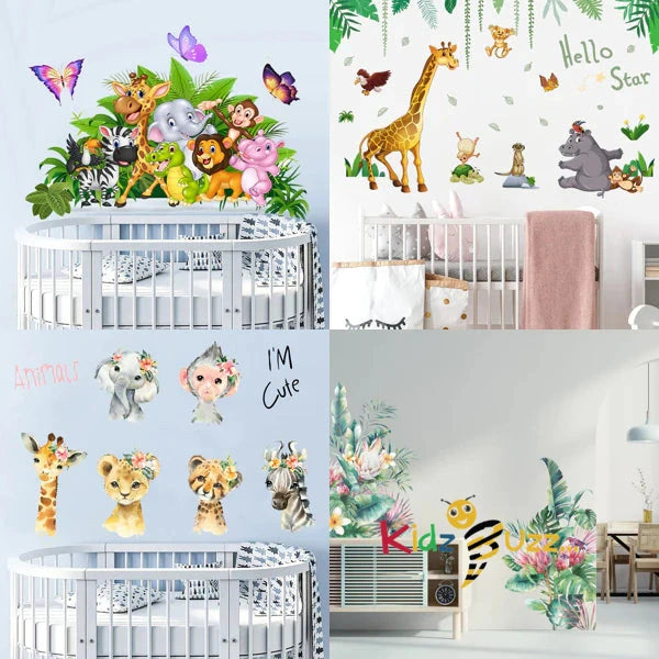Animal Wall Stickers Giraffe Elephant Monkey Green Plants Wall Art Sticker for Kids Baby Room
