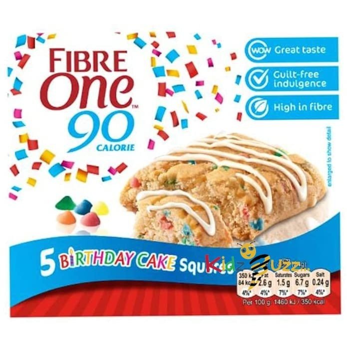 Fibre One 90 Calorie: Birthday Cake Squares 5 Pieces 120g Delicious Special For Easter Tasty And Twisty Treat Gift Hamper, Christmas,Birthday,Easter Gift