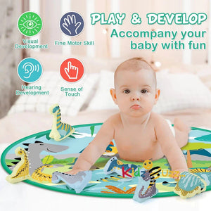 Brand New Edulike 120 120cm Dinosaur Baby Play Mat, 6 Dinosaur Dolls with Squeezing Sounds, Foldable Padded, Non-Slip Soft Tummy Time Play Activity Mat, Educational Gifts for 0-3 Year Old Toddler Boys Girls