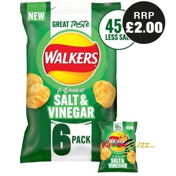 Walkers 45% Less Salt, 25g per packet - Salt & Vinegar Pack of 6