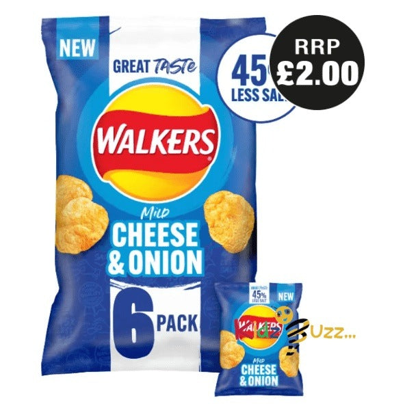 Walkers Less Salt Mild Cheese & Onion Multipack Crisps, 6 x 25g